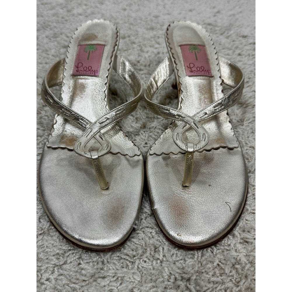 Lilly Pulitzer Metallic Gold Thong Kitten‎ Heel Slip On Sandals Size 9.5 Resort - Picture 3 of 12